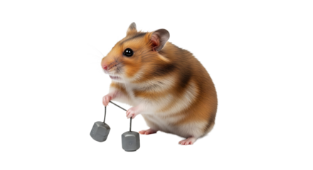 A golden hamster is strenuously lifting weights, showing its dedication to fitness, promoting strength and vitality.