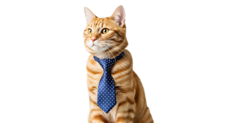 An orange cat in a blue tie looks up in a serious, confident posture. A cute animal ready for a corporate job.