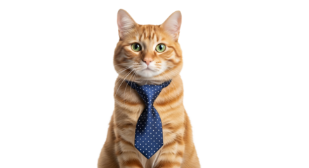 An orange tabby cat in a navy blue tie with white polka dots sits against a transparent background, looking at the camera.