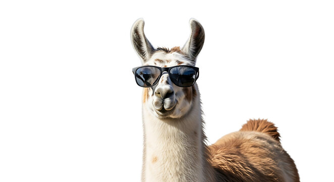 A delightful portrait of a llama, sporting stylish sunglasses, exudes a relaxed and playful charm against transparent background. - Powered by Adobe