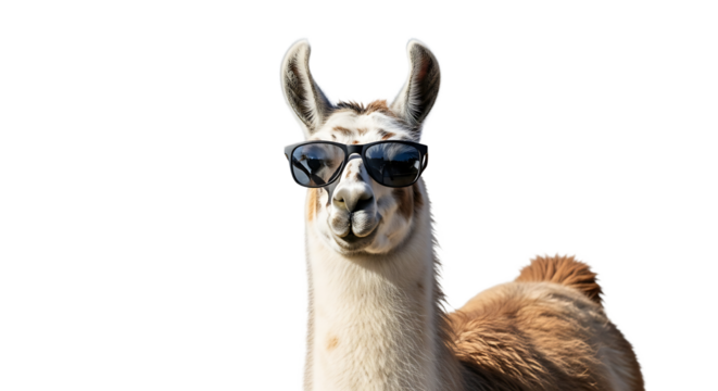 A delightful portrait of a llama, sporting stylish sunglasses, exudes a relaxed and playful charm against transparent background.