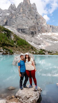 Serene view of Lake Sorapiss and Dito di Dio mountain