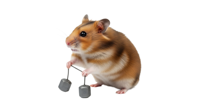 A golden hamster is strenuously lifting weights, showing its dedication to fitness, promoting strength and vitality.