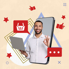 Content manager, creative collage. Man with laptop in screen of big mobile phone on beige...