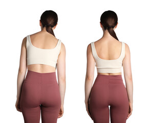 Obraz premium Before and after collage showing woman with good and bad posture against white background