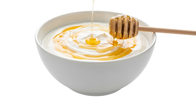 A bowl of creamy yogurt with honey being drizzled on top using a wooden honey dipper for a tasty and healthy snack.