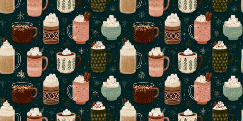 Seamless Pattern of Cozy Christmas Drinks on Dark Background, Festive Mugs with Whipped Cream and Sprinkles, Ideal for Holiday Packaging and Apparel