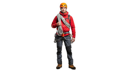 A serious mountain climber is wearing safety equipment and holding a rope, ready for the next climb challenge.