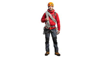 A serious mountain climber is wearing safety equipment and holding a rope, ready for the next climb challenge.