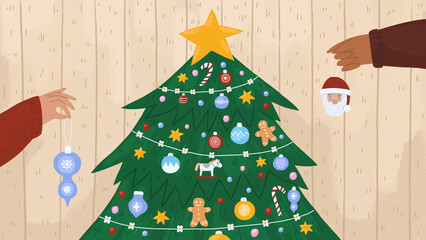 Decorating Christmas tree with ornaments — cozy hand drawn holiday illustration. Cozy winter holiday atmosphere, traditional festive design for greeting cards, posters, and invitations. Horizontal