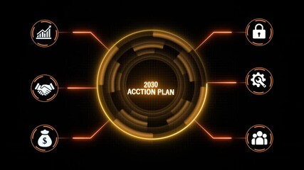 2030 Action Plan hologram concept. performance metrics, and business insights from large data sets ,network , business ,technology concept - Powered by Adobe