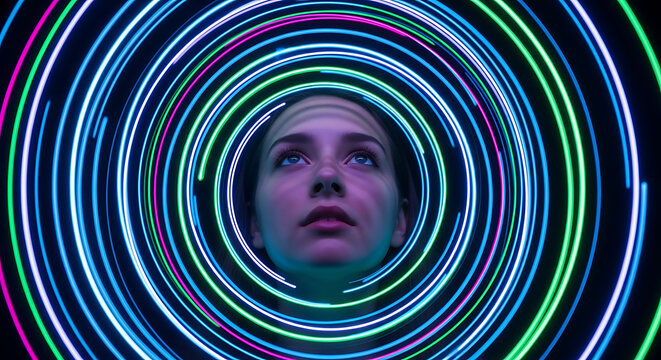 Woman looking up surrounded by neon light circles - Powered by Adobe
