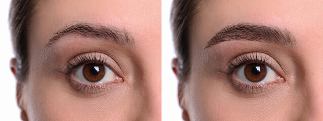 Eyebrow correction, collage. Photos of woman before and after treatment, closeup