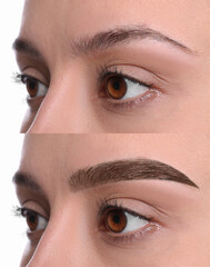 Obraz premium Eyebrow correction, collage. Photos of woman before and after treatment, closeup