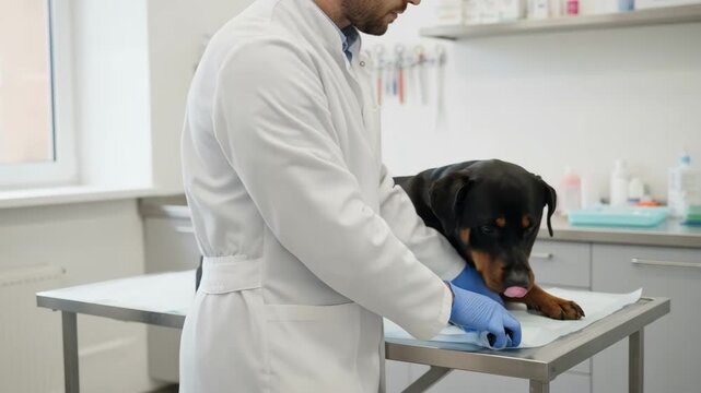 Midframe view of a professional assessing tail docking effects on a calm dog highlighting minimal intervention and health considerations.