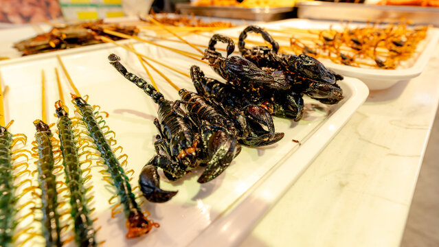 Exotic street food display on Wangfujing Street, Beijing