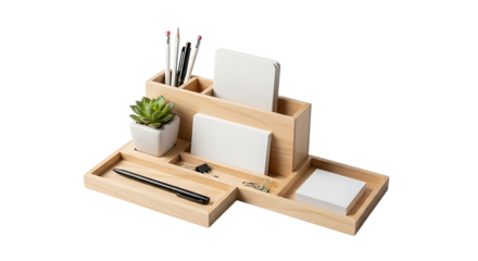 Wooden desk organizer with a pen, pencils, paper, binder clip, paper clip, and small succulent in a white pot.