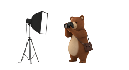 A photographer bear takes a photo. A bear with a satchel and professional equipment practices its photography skills.