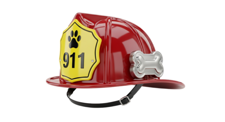 A red firefighter's helmet with a yellow shield with a paw print and the number 911 with a bone decoration.