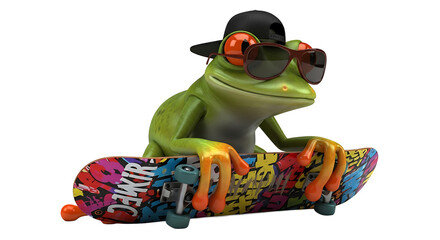 A cool frog in a black hat and stylish sunglasses is riding a skateboard on a transparent background, posing for the camera.