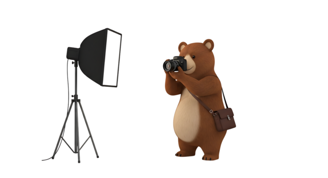 A photographer bear takes a photo. A bear with a satchel and professional equipment practices its photography skills.