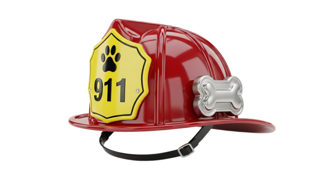 A red firefighter's helmet with a yellow shield with a paw print and the number 911 with a bone decoration.