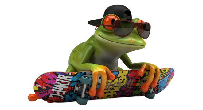 A cool frog in a black hat and stylish sunglasses is riding a skateboard on a transparent background, posing for the camera.