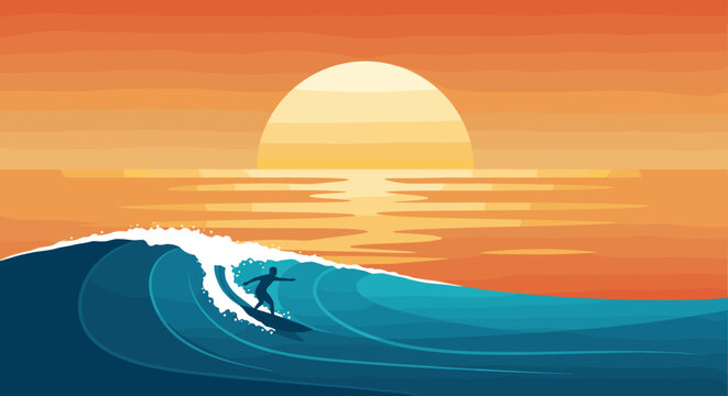 Silhouette of a surfer skillfully riding a wave at sunset, with vibrant orange and blue hues reflecting on the ocean.