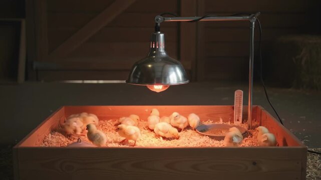 Side view medium shot focusing on the heat lamp setup with controlled intensity and placement ensuring a safe warm environment for newly hatched chicks