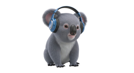 An adorable gray koala with bright eyes is listening to music in blue headphones against a stark transparent background.