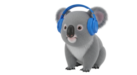 Adorable koala bear wearing blue headphones, lost in music, creating a fun and playful atmosphere on transparent background.