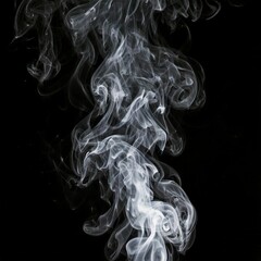 A graceful column of wispy white smoke swirls and billows in intricate patterns against a stark black background.