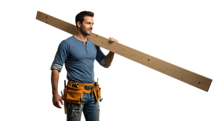 Focused carpenter in blue shirt and tool belt carrying wooden plank over shoulder, transparent background, looking ahead.