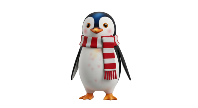 A charming penguin in a red and white striped scarf stands against a transparent background, creating an adorable, festive look.