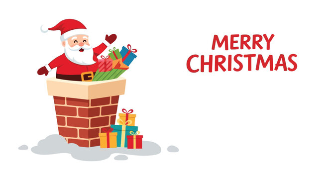 Jolly santa claus waving from a chimney full of presents and merry christmas text