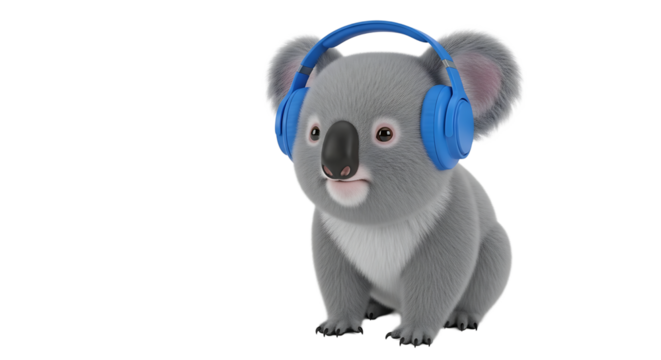 Adorable koala bear wearing blue headphones, lost in music, creating a fun and playful atmosphere on transparent background.