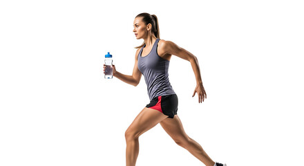 A determined woman sprints, hydrating mid-run. She holds a water bottle, eyes focused, clad in athletic gear, against transparent background.