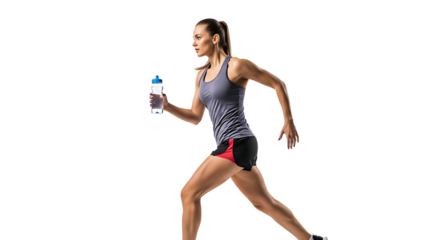 A determined woman sprints, hydrating mid-run. She holds a water bottle, eyes focused, clad in athletic gear, against transparent background.