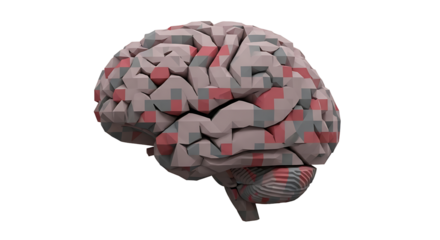 Abstract brain made of geometric shapes, symbolizing intellect and data processing, on a transparent background.