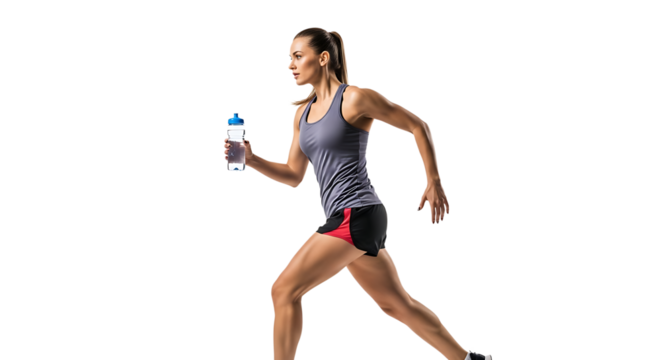 A determined woman sprints, hydrating mid-run. She holds a water bottle, eyes focused, clad in athletic gear, against transparent background.