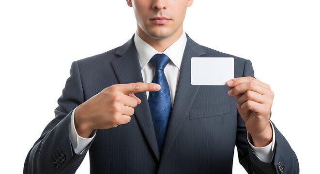 Professional man in a suit presents a blank card with confidence, signifying business or personal details to share.