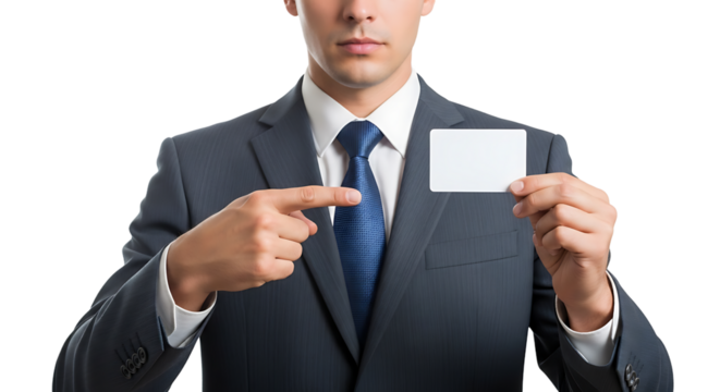Professional man in a suit presents a blank card with confidence, signifying business or personal details to share. - Powered by Adobe