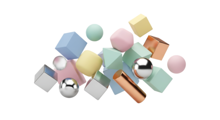 Pastel geometric shapes float on a transparent background, creating a playful and modern composition. Abstract design with 3D shapes.