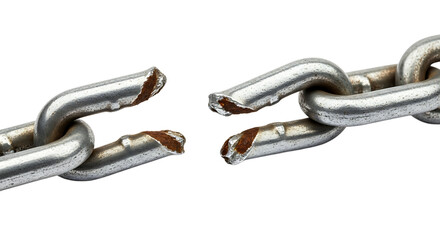 Obraz premium Close-up of a broken metallic chain. Its rusted edges highlighting the point of failure. The chain rests on transparent background.