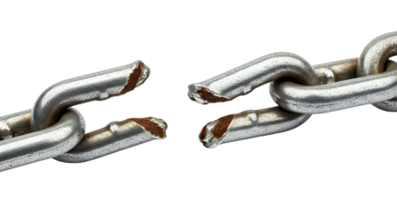 Close-up of a broken metallic chain. Its rusted edges highlighting the point of failure. The chain rests on transparent background.