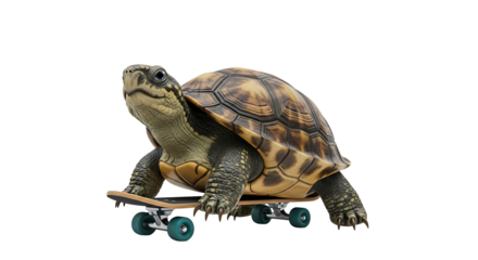 A turtle on a skateboard glides with reptilian coolness, showing shell-shocking tricks and defying expectations. 