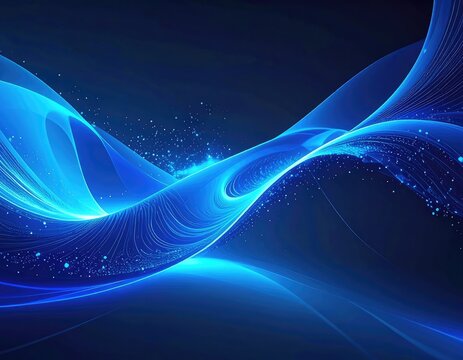 Abstract blue wave art with shimmering particles, flowing across a dark background