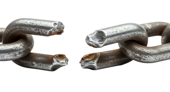A single chain link that has been broken apart, representing a break in a relationship, or the end of something.