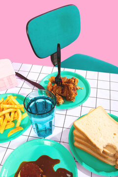Colorful Lunch Table with Fried Chicken, Fries, Flan, and Bread