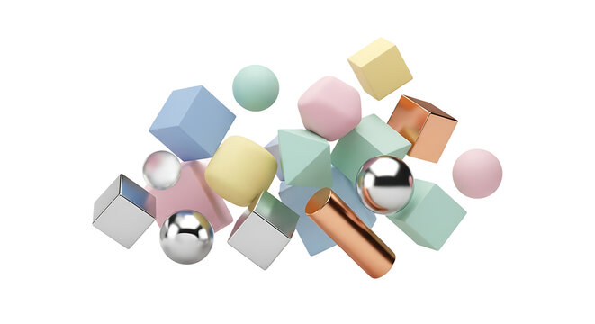 Pastel geometric shapes float on a transparent background, creating a playful and modern composition. Abstract design with 3D shapes.